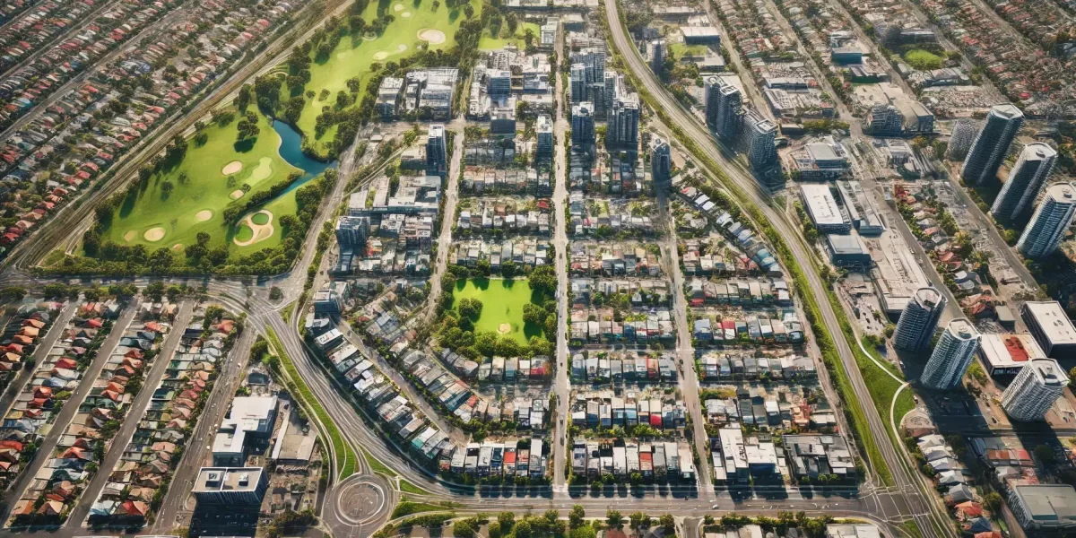 A high-angle shot of yarraville showing the neighborhood layout, parks, and proximity to local amenities. The image provides a broad perspective of th