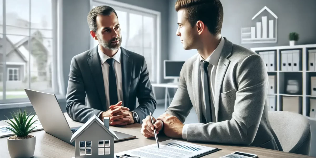 A realistic image depicting a mortgage broker and a homeowner discussing financial options. The setting should be a professional office with a desk, f