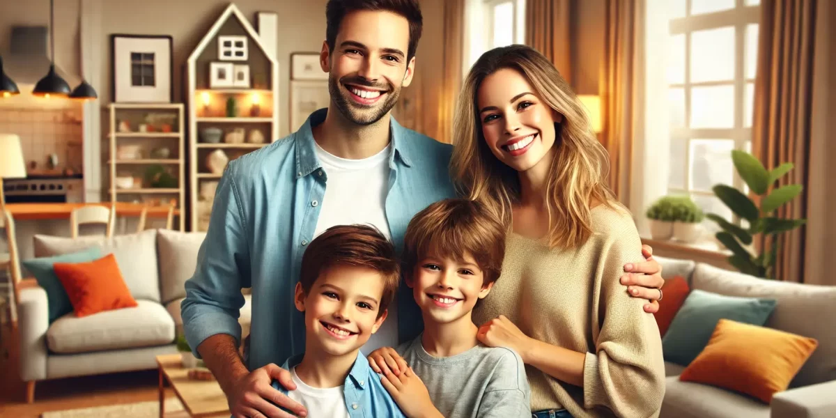 A realistic image of a happy family. The family includes parents and two children, smiling and enjoying their time together in a comfortable and cozy