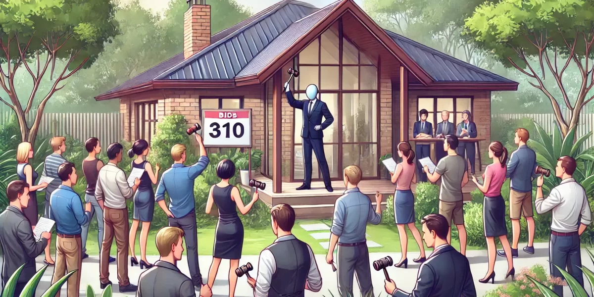 A scene of a home auction in progress. A diverse group of people are gathered outside a modern house with an auctioneer standing in front holding a